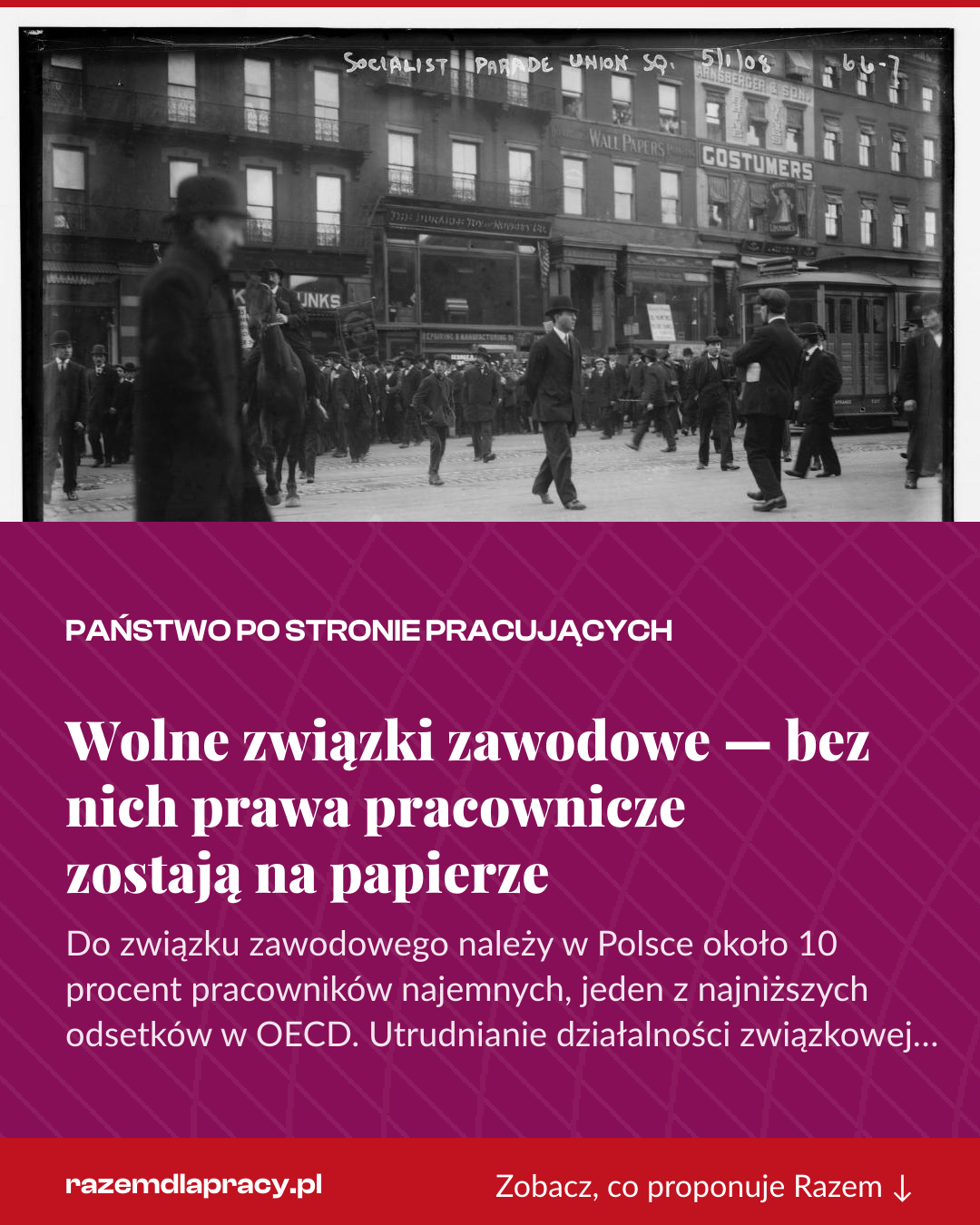 Grafika pionowa do udostępnienia: Wolne związki zawodowe — bez nich prawa pracownicze zostają na papierze