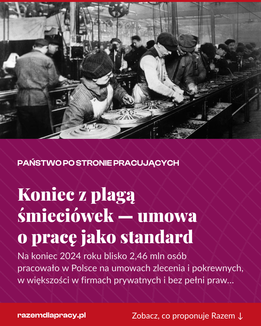 Grafika pionowa do udostępnienia: Koniec z plagą śmieciówek — umowa o pracę jako standard