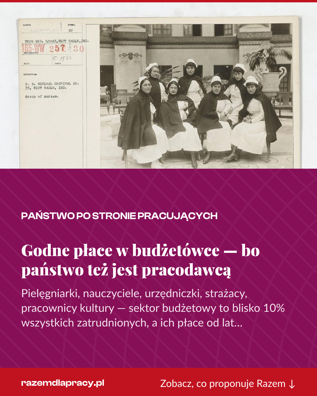 Grafika pionowa do udostępnienia: Godne płace w budżetówce — bo państwo też jest pracodawcą