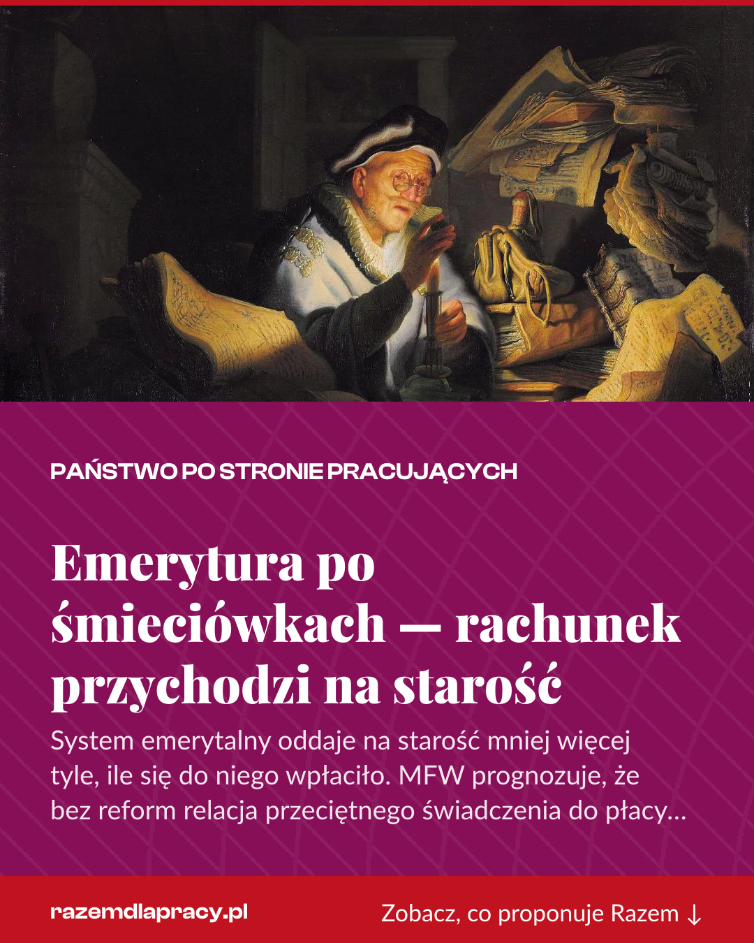 Grafika pionowa do udostępnienia: Emerytura po śmieciówkach — rachunek przychodzi na starość