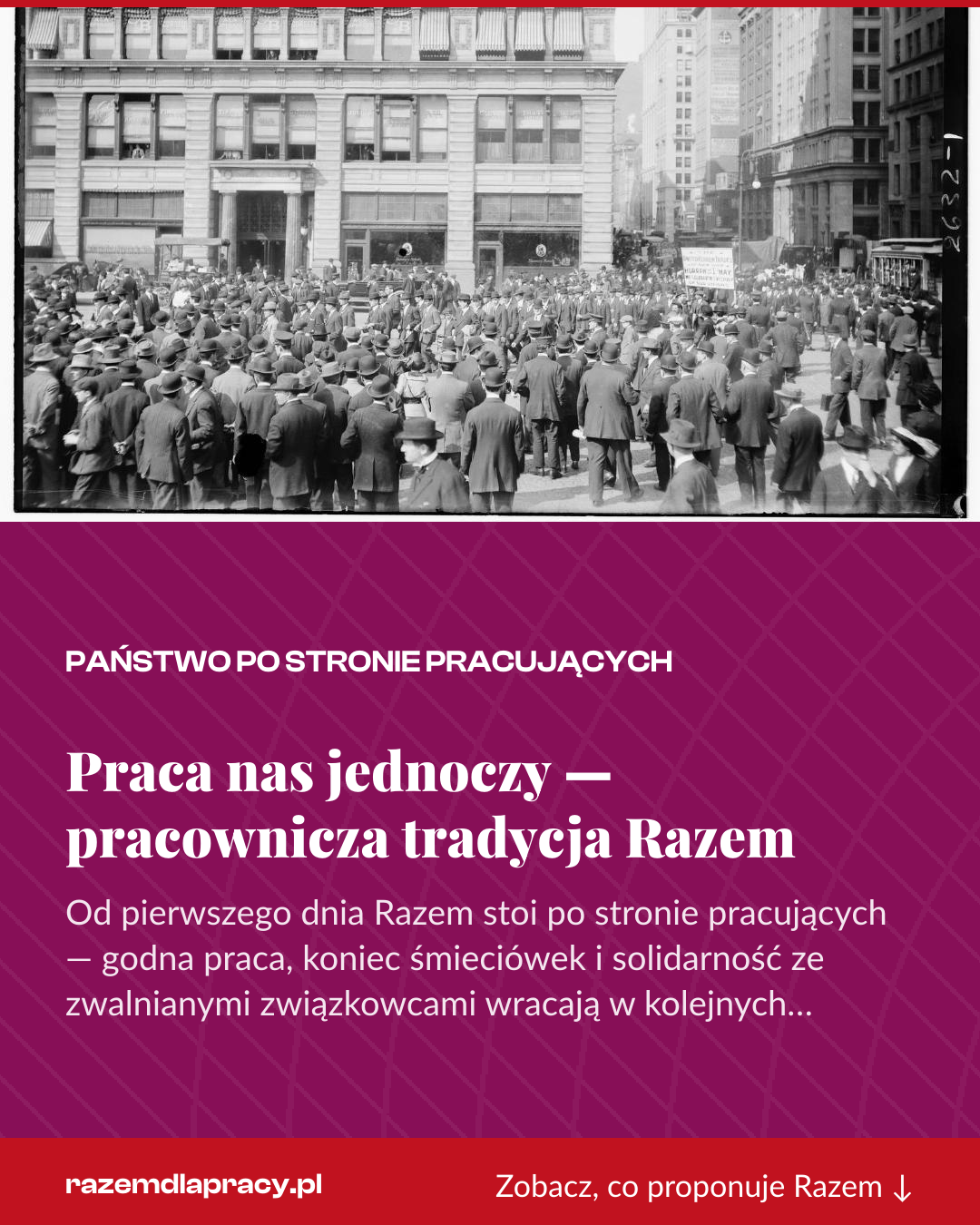 Grafika pionowa do udostępnienia: Praca nas jednoczy — pracownicza tradycja Razem