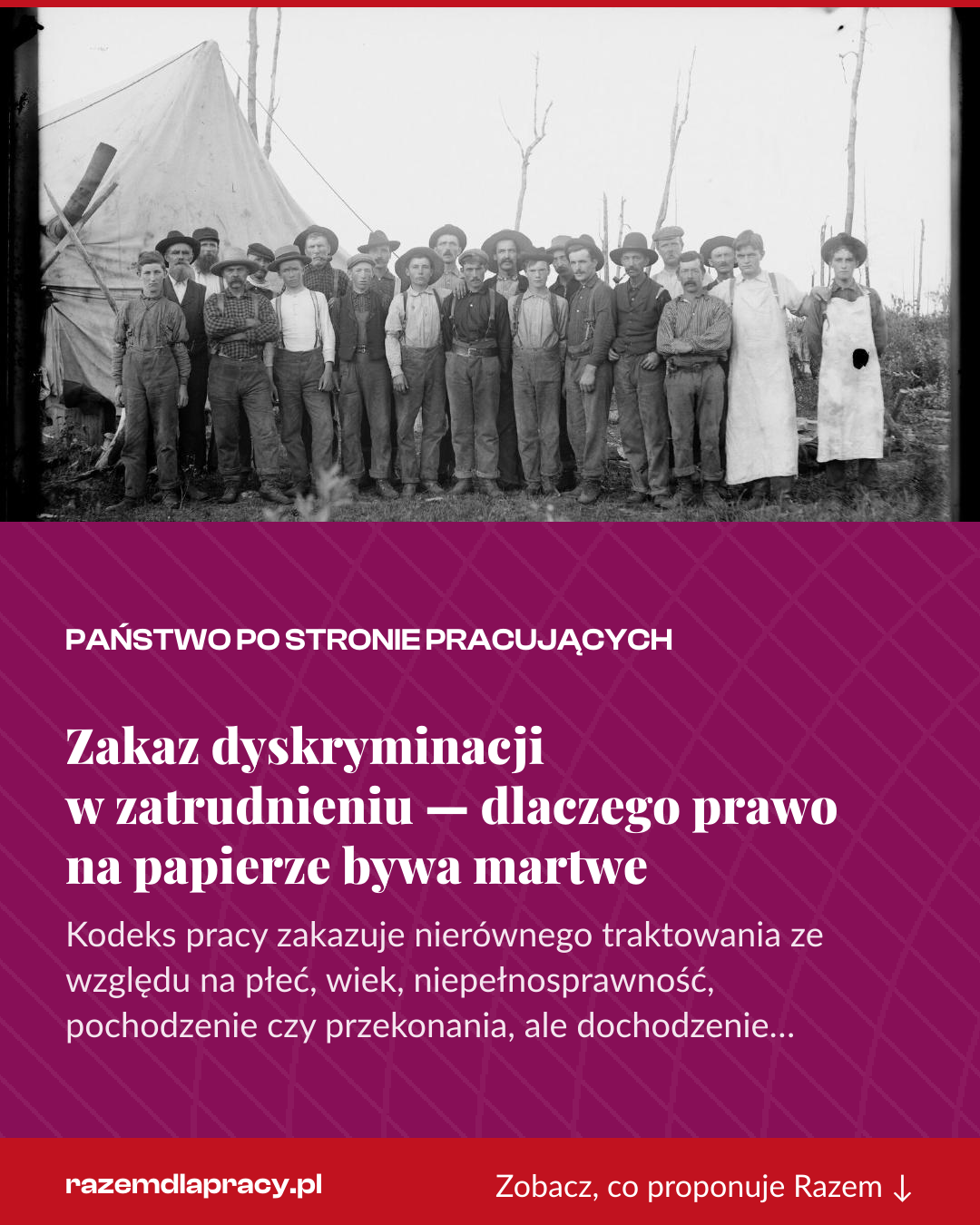 Grafika pionowa do udostępnienia: Zakaz dyskryminacji w zatrudnieniu — dlaczego prawo na papierze bywa martwe