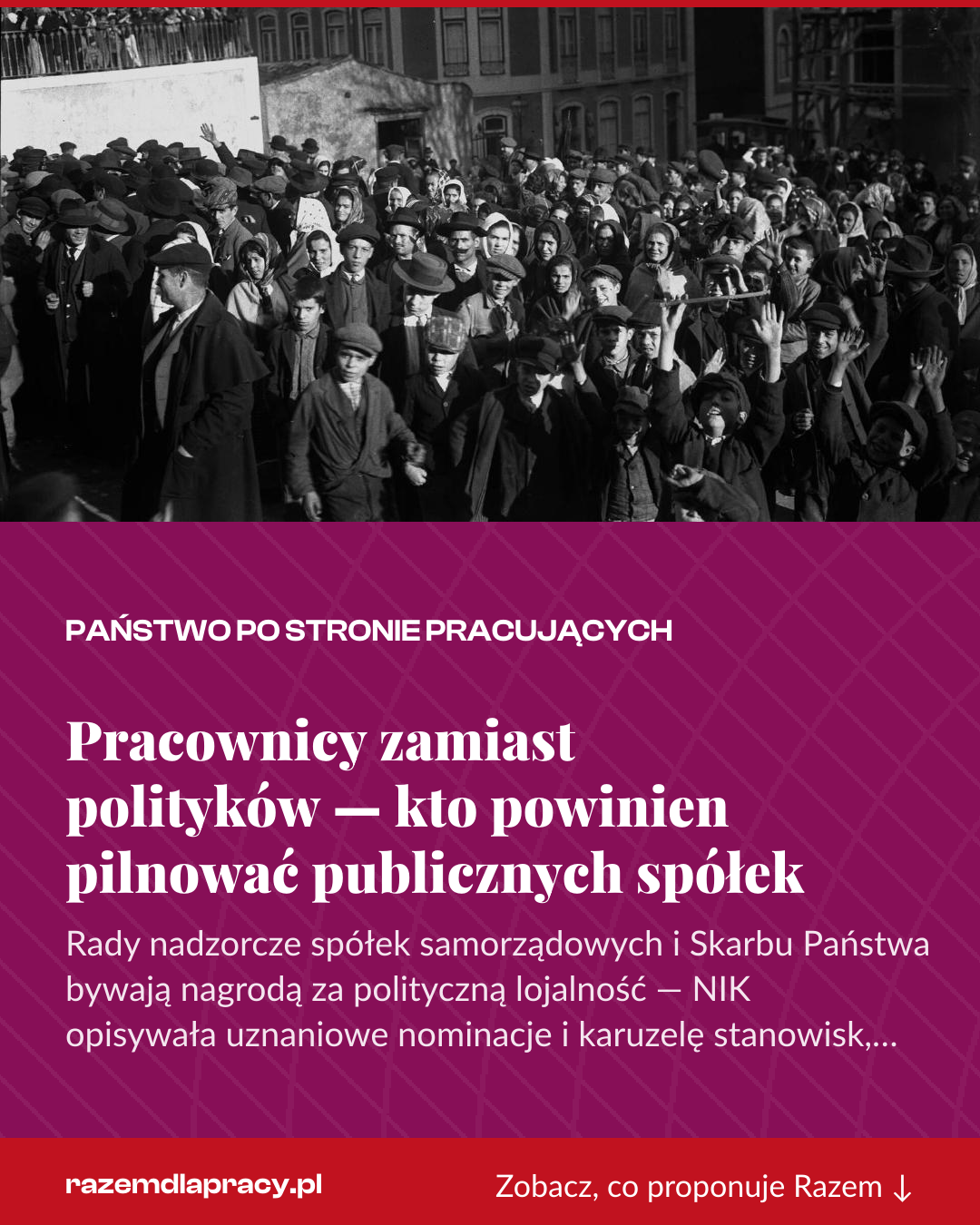 Grafika pionowa do udostępnienia: Pracownicy zamiast polityków — kto powinien pilnować publicznych spółek